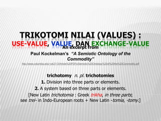 TRIKOTOMI NILAI (VALUE ) :
USE-VALUE, VALUE, DAN EXCHANGE-VALUE

                                   An excerpt from
  Paul Kockelman‘s ―A Semiotic Ontology of the Commodity‖
  http://www.columbia.edu/~pk2113/Article%20PDFs/Semiotic%20Ontology%20of%20the%20Commodity.pdf




                 trichotomy n. pl. trichotomies
              1. Division into three parts or elements.
          2. A system based on three parts or elements.
      [New Latin trichotomia : Greek trikha, in three parts;
  see trei- in Indo-European roots + New Latin -tomia, -tomy.]
 