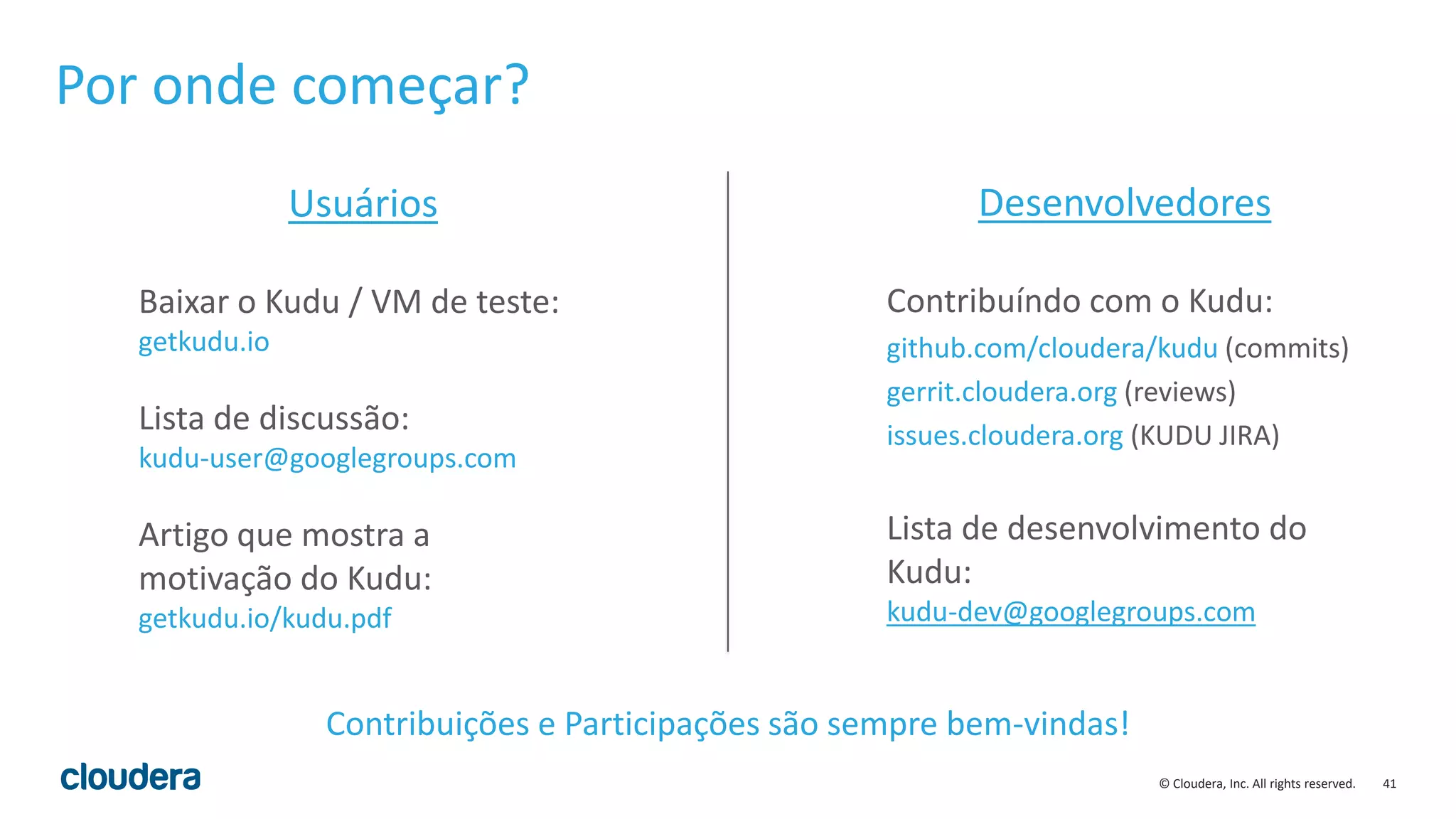 41© Cloudera, Inc. All rights reserved.
Por onde começar?
Usuários
Baixar o Kudu / VM de teste:
getkudu.io
Lista de discussão:
kudu-user@googlegroups.com
Artigo que mostra a
motivação do Kudu:
getkudu.io/kudu.pdf
Desenvolvedores
Contribuíndo com o Kudu:
github.com/cloudera/kudu (commits)
gerrit.cloudera.org (reviews)
issues.cloudera.org (KUDU JIRA)
Lista de desenvolvimento do
Kudu:
kudu-dev@googlegroups.com
Contribuições e Participações são sempre bem-vindas!
 