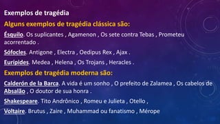 Exemplos de tragédia
Alguns exemplos de tragédia clássica são:
Ésquilo. Os suplicantes , Agamenon , Os sete contra Tebas , Prometeu
acorrentado .
Sófocles. Antigone , Electra , Oedipus Rex , Ajax .
Eurípides. Medea , Helena , Os Trojans , Heracles .
Exemplos de tragédia moderna são:
Calderón de la Barca. A vida é um sonho , O prefeito de Zalamea , Os cabelos de
Absalão , O doutor de sua honra .
Shakespeare. Tito Andrônico , Romeu e Julieta , Otello ,
Voltaire. Brutus , Zaire , Muhammad ou fanatismo , Mérope
 
