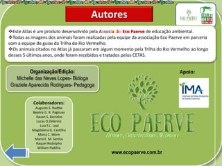 Este Atlas é um produto desenvolvido pela Associação Eco Paerve de educação ambiental.
Todas as imagens dos animais foram realizadas pela equipe da associação Eco Paerve em parceria
com a equipe de guias da Trilha do Rio Vermelho.
Os animais citados no Atlas já passaram em algum momento pela Trilha do Rio Vermelho ao longo
desses 5 últimos anos, onde foram recebidos e tratados pelos CETAS.
Autores
Organização/Edição:
Michelle das Neves Lopes- Bióloga
Graziele Aparecida Rodrigues- Pedagoga
Colaboradores:
Augusto S. Radtke
Beatriz G. R. Pagliuso
Kauan S. Barcelos
Lucas O.Zeferino
Luiz F.C. Leal
Magdalena G. Castilho
Maria C. Worn
Maria E. M. Santos
Raquel Rodolpho
William Padilha
www.ecopaerve.com.br
Apoio:
 