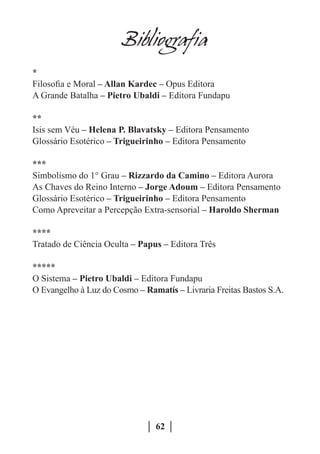 Bibliografia
*
Filosofia e Moral – Allan Kardec – Opus Editora
A Grande Batalha – Pietro Ubaldi – Editora Fundapu

**
Isis sem Véu – Helena P. Blavatsky – Editora Pensamento
Glossário Esotérico – Trigueirinho – Editora Pensamento

***
Simbolismo do 1° Grau – Rizzardo da Camino – Editora Aurora
As Chaves do Reino Interno – Jorge Adoum – Editora Pensamento
Glossário Esotérico – Trigueirinho – Editora Pensamento
Como Apreveitar a Percepção Extra-sensorial – Haroldo Sherman

****
Tratado de Ciência Oculta – Papus – Editora Três

*****
O Sistema – Pietro Ubaldi – Editora Fundapu
O Evangelho à Luz do Cosmo – Ramatís – Livraria Freitas Bastos S.A.




                                62
 