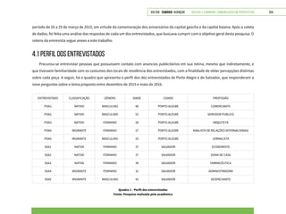 VOLTAR SUMÁRIO avançar Trilhas e Caminhos: Comunicação em Perspectiva 254
período de 26 a 29 de março de 2015, em virtude da comemoração dos aniversários da capital gaúcha e da capital baiana. Após a coleta
de dados, foi feita uma análise das respostas de cada um dos entrevistados, que buscava cumprir com o objetivo geral desta pesquisa. O
roteiro da entrevista segue anexo a este trabalho.
4.1 PERFIL DOS ENTREVISTADOS
Procurou-se entrevistar pessoas que possuíssem contato com anúncios publicitários em sua rotina, mesmo que indiretamente, e
que tivessem familiaridade com os costumes dos locais de residência dos entrevistados, com a finalidade de obter percepções distintas
sobre cada peça. A seguir, há o quadro que apresenta o perfil dos dez entrevistados de Porto Alegre e de Salvador, que responderam a
nove perguntas sobre o tema proposto entre dezembro de 2015 e maio de 2016.
ENTREVISTADO CLASSIFICAÇÃO GÊNERO IDADE CIDADE PROFISSÃO
POA1 NATIVO MASCULINO 48 PORTO ALEGRE COMERCIANTE
POA2 NATIVO MASCULINO 53 PORTO ALEGRE SERVIDOR PÚBLICO
POA3 NATIVO FEMININO 28 PORTO ALEGRE ARQUITETA
POA4 MIGRANTE FEMININO 27 PORTO ALEGRE ANALISTA DE RELAÇÕES INTERNACIONAIS
POA5 MIGRANTE MASCULINO 25 PORTO ALEGRE JORNALISTA
SSA1 NATIVA FEMININO 37 SALVADOR ECONOMISTA
SSA2 NATIVA FEMININO 37 SALVADOR DONA DE CASA
SSA3 NATIVA FEMININO 39 SALVADOR FARMACÊUTICA
SSA4 MIGRANTE FEMININO 32 SALVADOR ADMINISTRADORA
SSA5 MIGRANTE MASCULINO 43 SALVADOR DESPACHANTE
Quadro 1 - Perfil dos entrevistados
Fonte: Pesquisa realizada pela acadêmica
 