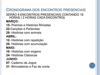 CRONOGRAMA DOS ENCONTROS PRESENCIAIS
SERÃO 9 ENCONTROS PRESENCIAIS CONTANDO 18
HORAS ( 2 HORAS CADA ENCONTRO)
MARÇO:
15- Poemas e Histórias Rimadas
22-Canções e Parlendas
29- Histórias com animais
ABRIL:
12- Histórias com repetição
26- Histórias com acumulação
MAIO:
10- Histórias com engano
24- Histórias Clássicas
JUNHO:
07- Caderno de Jogos
21- Brincadeiras e Faz de conta
 