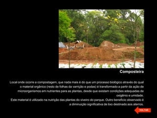 Composteira
Local onde ocorre a compostagem, que nada mais é do que um processo biológico através do qual
o material orgânico (resto de folhas da varrição e podas) é transformado a partir da ação de
microorganismos em nutrientes para as plantas, desde que existam condições adequadas de
oxigênio e umidade.
Este material é utilizado na nutrição das plantas do viveiro do parque. Outro beneficio observado é
a diminuição significativa de lixo destinado aos aterros.
VOLTAR
 