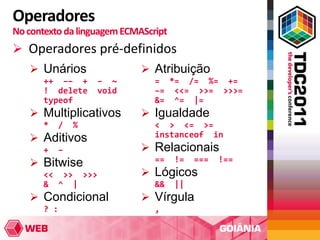 Operadores
No contexto da linguagem ECMAScript
 Operadores pré-definidos
    Unários                  Atribuição
       ++ –– +       – ~        = *= /= %= +=
       ! delete      void       –= <<= >>= >>>=
       typeof                   &= ^= |=
    Multiplicativos          Igualdade
       *     /   %              < > <= >=
    Aditivos                   instanceof in
       +   –                  Relacionais
    Bitwise                    ==    !=   ===   !==
       << >> >>>              Lógicos
       & ^ |                    &&    ||
    Condicional              Vírgula
       ? :                      ,
 