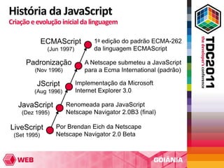 História da JavaScript
Criação e evolução inicial da linguagem

              ECMAScript          1a edição do padrão ECMA-262
               (Jun 1997)         da linguagem ECMAScript

      Padronização             A Netscape submeteu a JavaScript
         (Nov 1996)            para a Ecma International (padrão)

          JScript           Implementação da Microsoft
         (Aug 1996)         Internet Explorer 3.0

   JavaScript         Renomeada para JavaScript
    (Dez 1995)        Netscape Navigator 2.0B3 (final)

LiveScript        Por Brendan Eich da Netscape
 (Set 1995)       Netscape Navigator 2.0 Beta
 