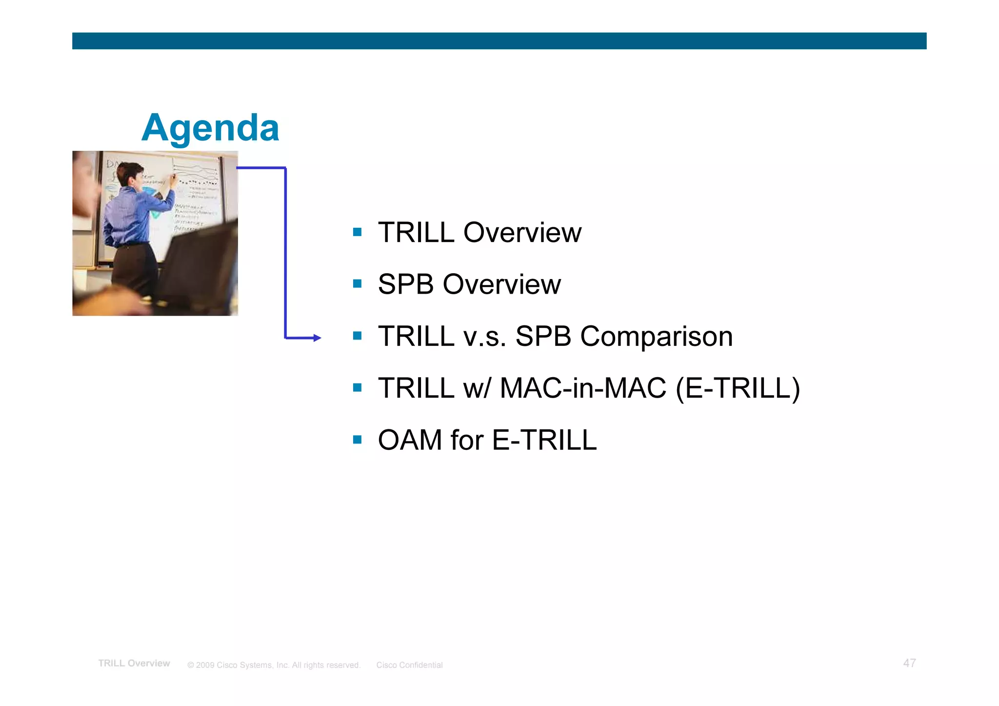 Agenda

                                                                   TRILL Overview
                                                                   SPB Overview
                                                                   TRILL v.s. SPB Comparison
                                                                   TRILL w/ MAC-in-MAC (E-TRILL)
                                                                   OAM for E-TRILL




TRILL Overview   © 2009 Cisco Systems, Inc. All rights reserved.   Cisco Confidential              47
 