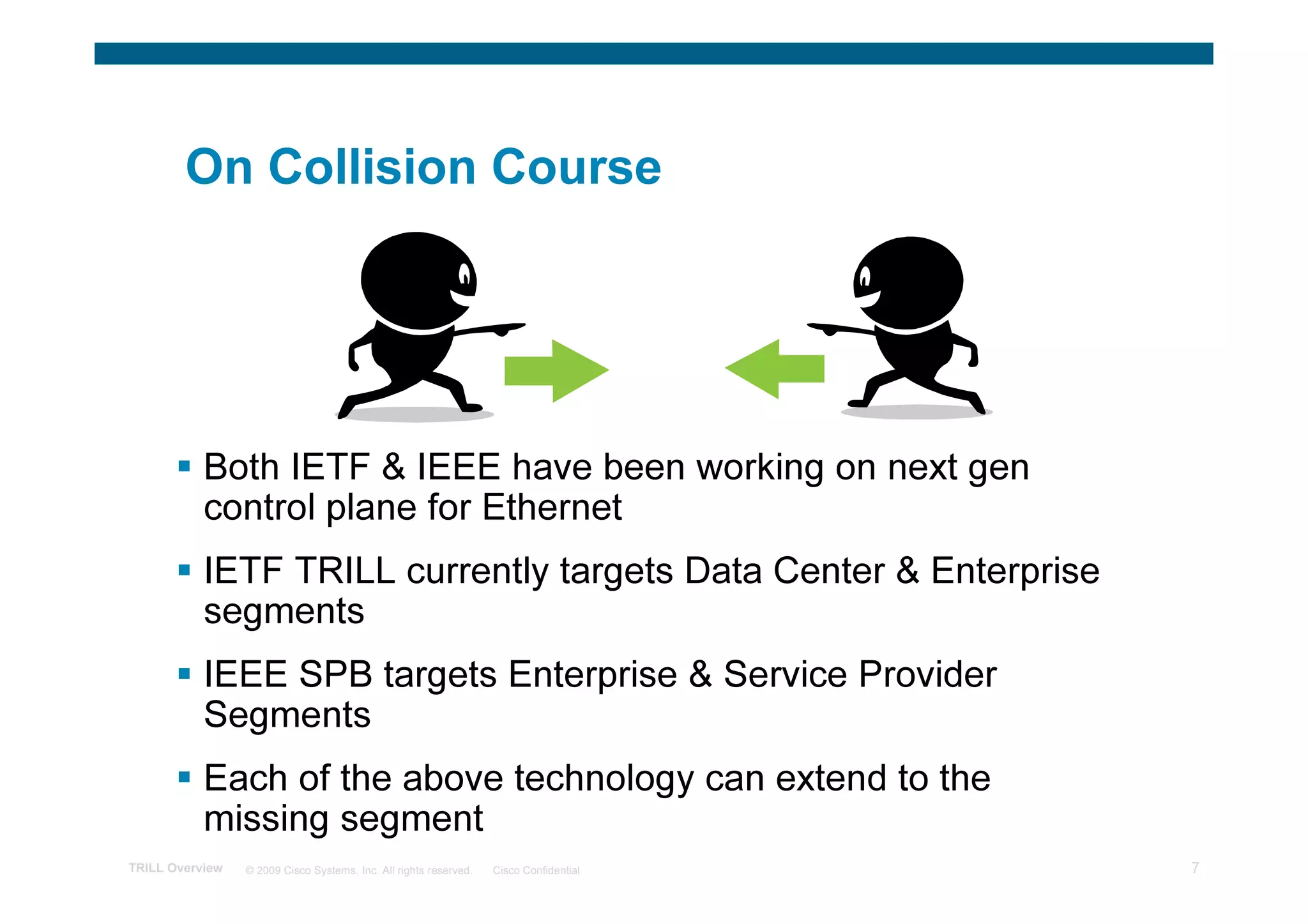 On Collision Course




           Both IETF & IEEE have been working on next gen
           control plane for Ethernet
           IETF TRILL currently targets Data Center & Enterprise
           segments
           IEEE SPB targets Enterprise & Service Provider
           Segments
           Each of the above technology can extend to the
           missing segment
TRILL Overview   © 2009 Cisco Systems, Inc. All rights reserved.   Cisco Confidential   7
 