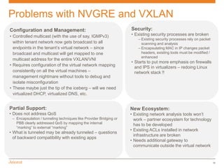 Problems with NVGRE and VXLAN
Configuration and Management:                                       Security:
• Controlled multicast (with the use of say, IGMPv3)                • Existing security processes are broken
                                                                        – Existing security processes rely on packet
  within tenant network now gets broadcast to all                         scanning and analysis
  endpoints in the tenant’s virtual network – since                     – Encapsulating MAC in IP changes packet
  broadcast and multicast will get mapped to one                          headers, existing tools must be modified /
                                                                          enhanced
  multicast address for the entire VXLAN/VNI
                                                                    • Starts to put more emphasis on firewalls
• Requires configuration of the virtual network mapping
                                                                      and IPS in virtualizers – redoing Linux
  consistently on all the virtual machines –                          network stack !!
  management nightmare without tools to debug and
  isolate misconfiguration
• These maybe just the tip of the iceberg – will we need
  virtualized DHCP, virtualized DNS, etc.


Partial Support:                                                    New Ecosystem:
• Does not address QoS                                              • Existing network analysis tools won’t
 – Encapsulation / tunneling techniques like Provider Bridging or     work – partner ecosystem for technology
   PBB clearly addressed QoS by mapping the internal                  has to be developed
   “marking” to external “marking”
                                                                    • Existing ACLs installed in network
• What is tunneled may be already tunneled – questions
                                                                      infrastructure are broken
  of backward compatibility with existing apps
                                                                    • Needs additional gateway to
                                                                      communicate outside the virtual network


                                                                                                                       30
 