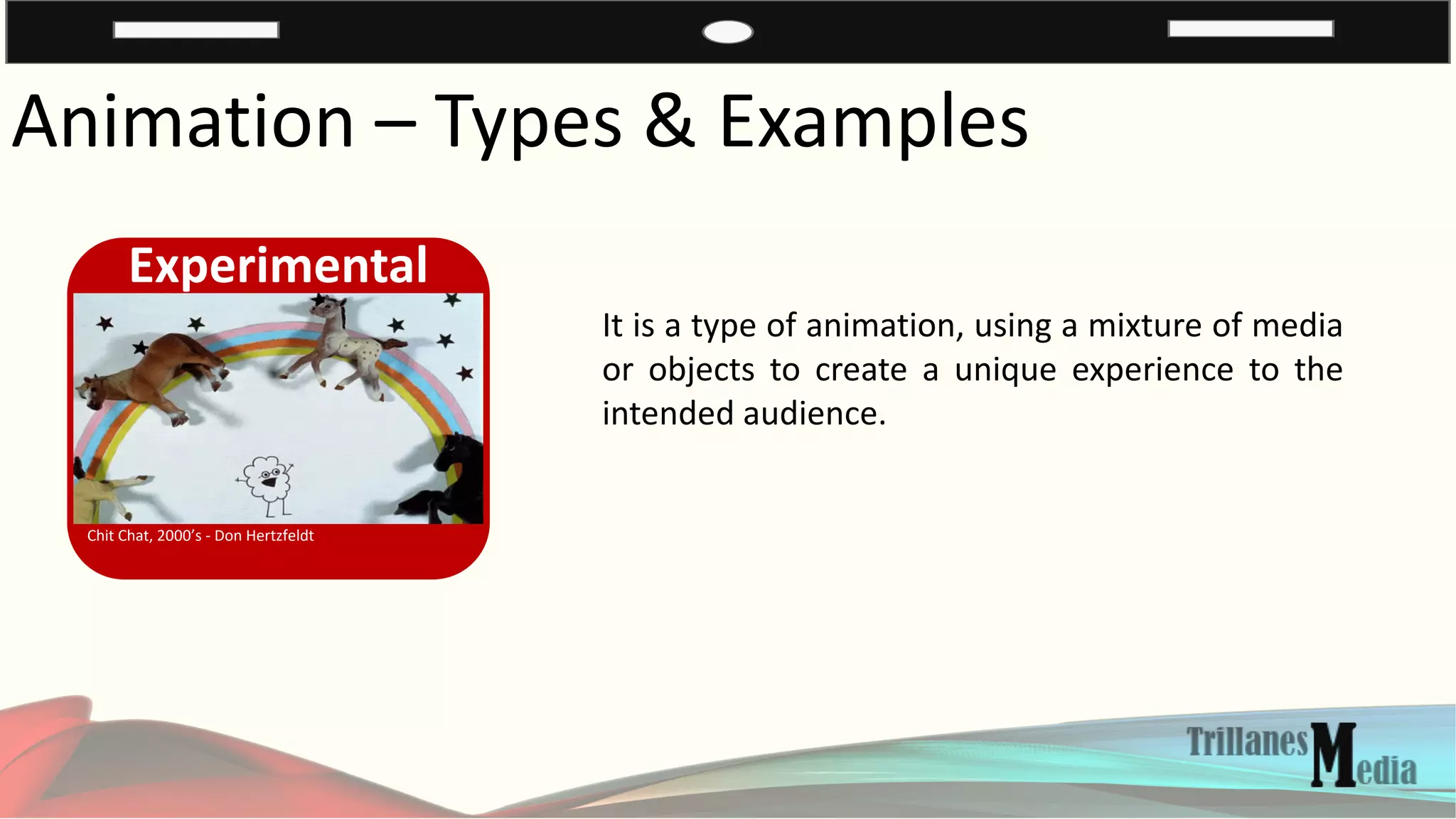 Animation – Types & Examples
Experimental
Chit Chat, 2000’s - Don Hertzfeldt
It is a type of animation, using a mixture of media
or objects to create a unique experience to the
intended audience.
 