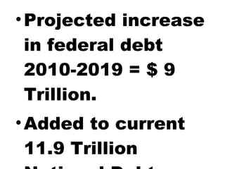 Projected increase in federal debt 2010-2019 = $ 9 Trillion. Added to current 11.9 Trillion National Debt. 