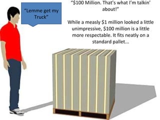 “Lemme get my Truck”“$100 Million. That’s what I’m talkin’ about!”While a measly $1 million looked a little unimpressive, $100 million is a little more respectable. It fits neatly on a standard pallet...