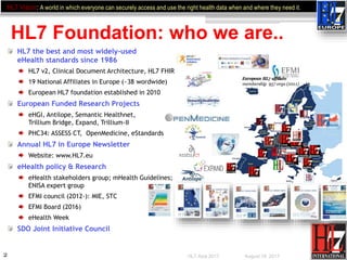 2
HL7 Foundation: who we are..
August 18, 2017HL7 Asia 2017
HL7 the best and most widely-used
eHealth standards since 1986...