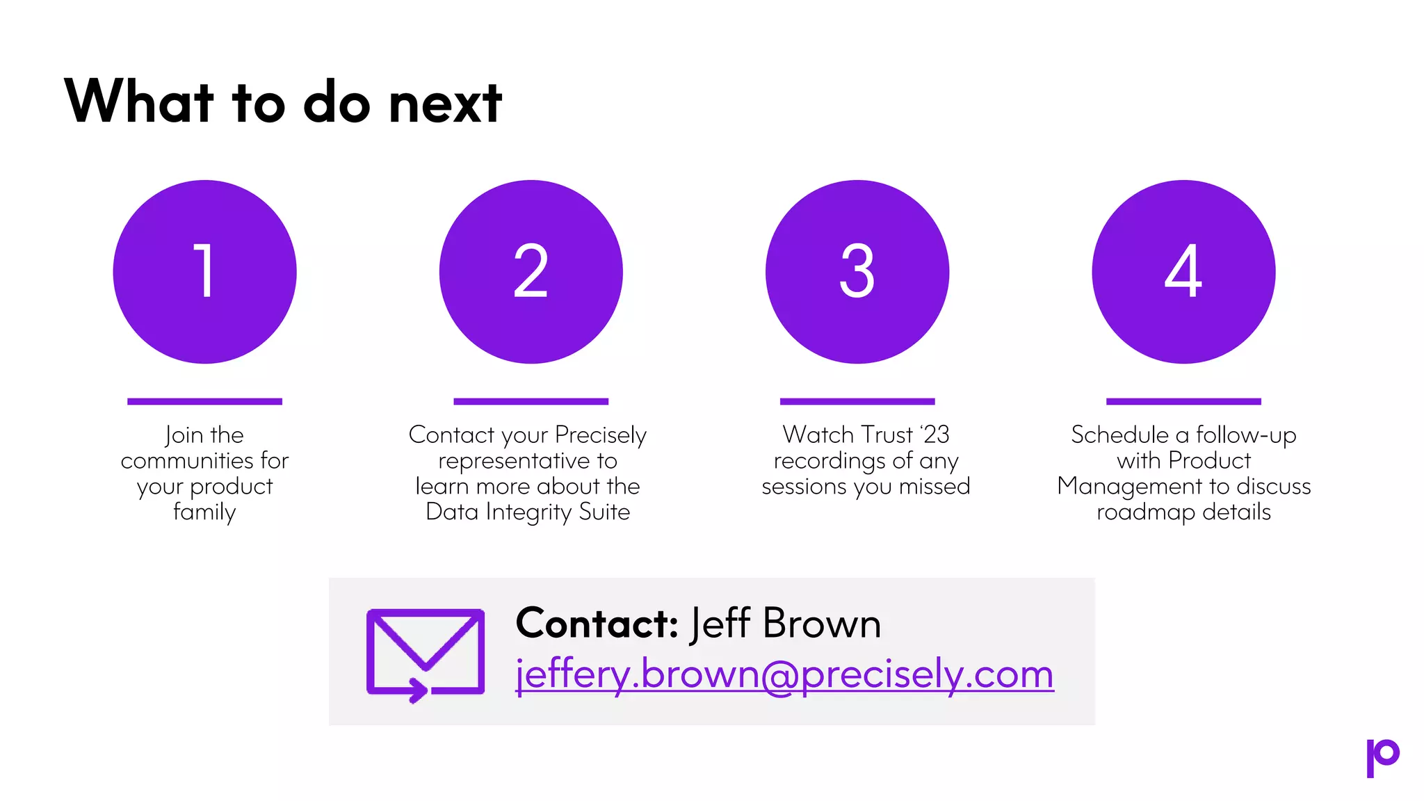 What to do next
1
Join the
communities for
your product
family
2
Contact your Precisely
representative to
learn more about the
Data Integrity Suite
3
Watch Trust ‘23
recordings of any
sessions you missed
4
Schedule a follow-up
with Product
Management to discuss
roadmap details
Contact: Jeff Brown
jeffery.brown@precisely.com
 