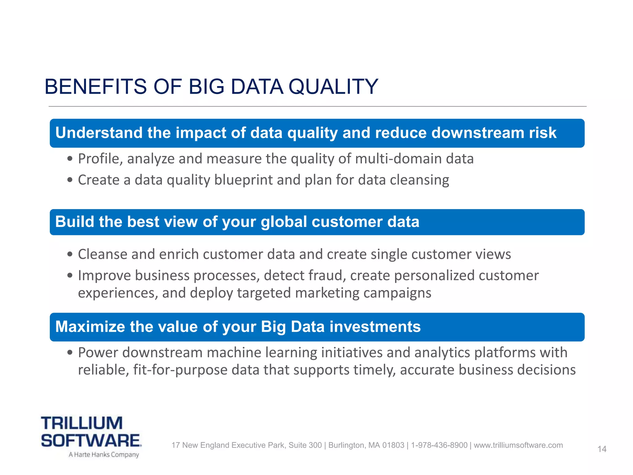 14
BENEFITS OF BIG DATA QUALITY
Understand the impact of data quality and reduce downstream risk
• Profile, analyze and measure the quality of multi-domain data
• Create a data quality blueprint and plan for data cleansing
Build the best view of your global customer data
• Cleanse and enrich customer data and create single customer views
• Improve business processes, detect fraud, create personalized customer
experiences, and deploy targeted marketing campaigns
Maximize the value of your Big Data investments
• Power downstream machine learning initiatives and analytics platforms with
reliable, fit-for-purpose data that supports timely, accurate business decisions
17 New England Executive Park, Suite 300 | Burlington, MA 01803 | 1-978-436-8900 | www.trilliumsoftware.com
 