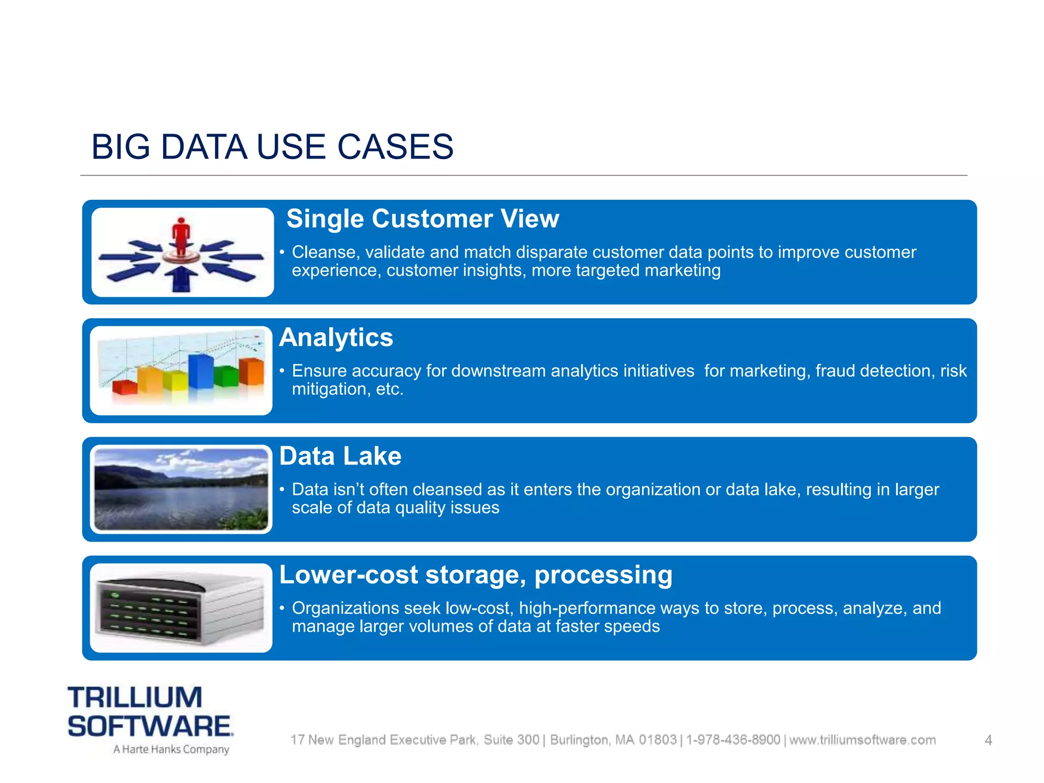 4
BIG DATA USE CASES
Profiled database
(RDMS such as
MySQL)
Single Customer View
• Cleanse, validate and match disparate customer data points to improve customer
experience, customer insights, more targeted marketing
Analytics
• Ensure accuracy for downstream analytics initiatives for marketing, fraud detection, risk
mitigation, etc.
Data Lake
• Data isn’t often cleansed as it enters the organization or data lake, resulting in larger
scale of data quality issues
Lower-cost storage, processing
• Organizations seek low-cost, high-performance ways to store, process, analyze, and
manage larger volumes of data at faster speeds
 