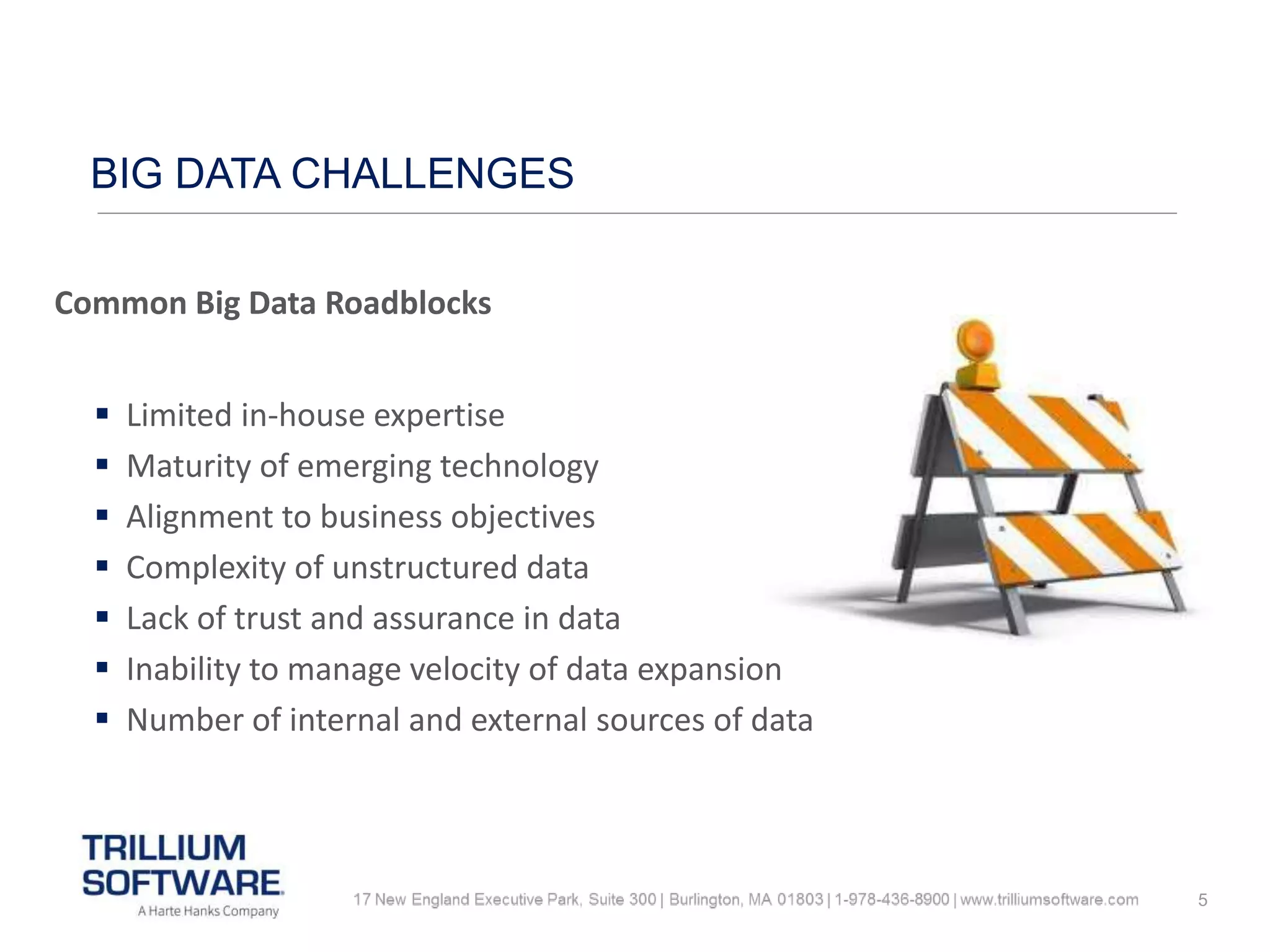 5
BIG DATA CHALLENGES
Common Big Data Roadblocks
 Limited in-house expertise
 Maturity of emerging technology
 Alignment to business objectives
 Complexity of unstructured data
 Lack of trust and assurance in data
 Inability to manage velocity of data expansion
 Number of internal and external sources of data
 