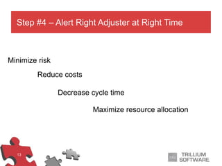 13
Minimize risk
Reduce costs
Decrease cycle time
Maximize resource allocation
Step #4 – Alert Right Adjuster at Right Time
 