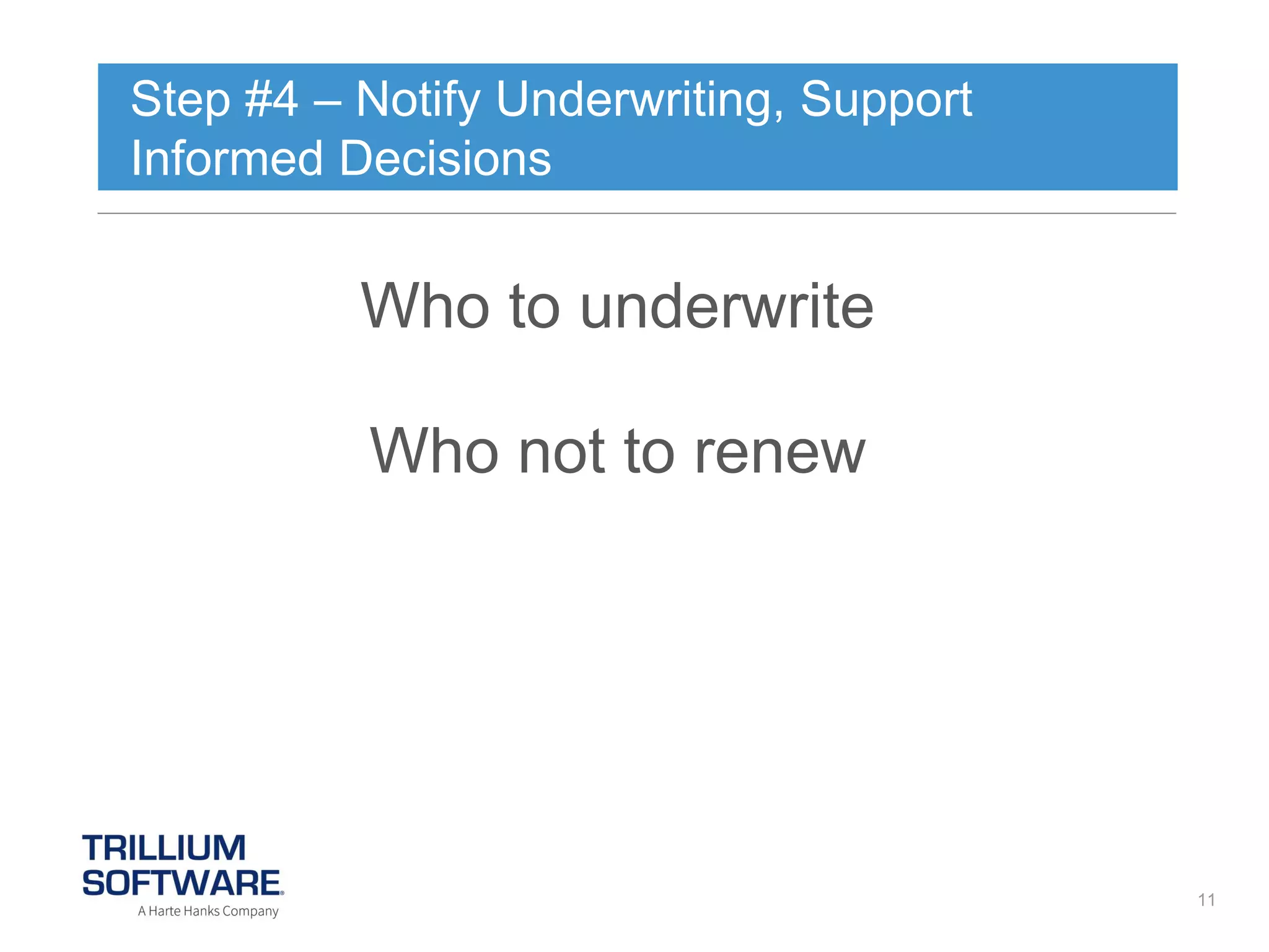 Step #4 – Notify Underwriting, Support
Informed Decisions

Who to underwrite
Who not to renew

11

 