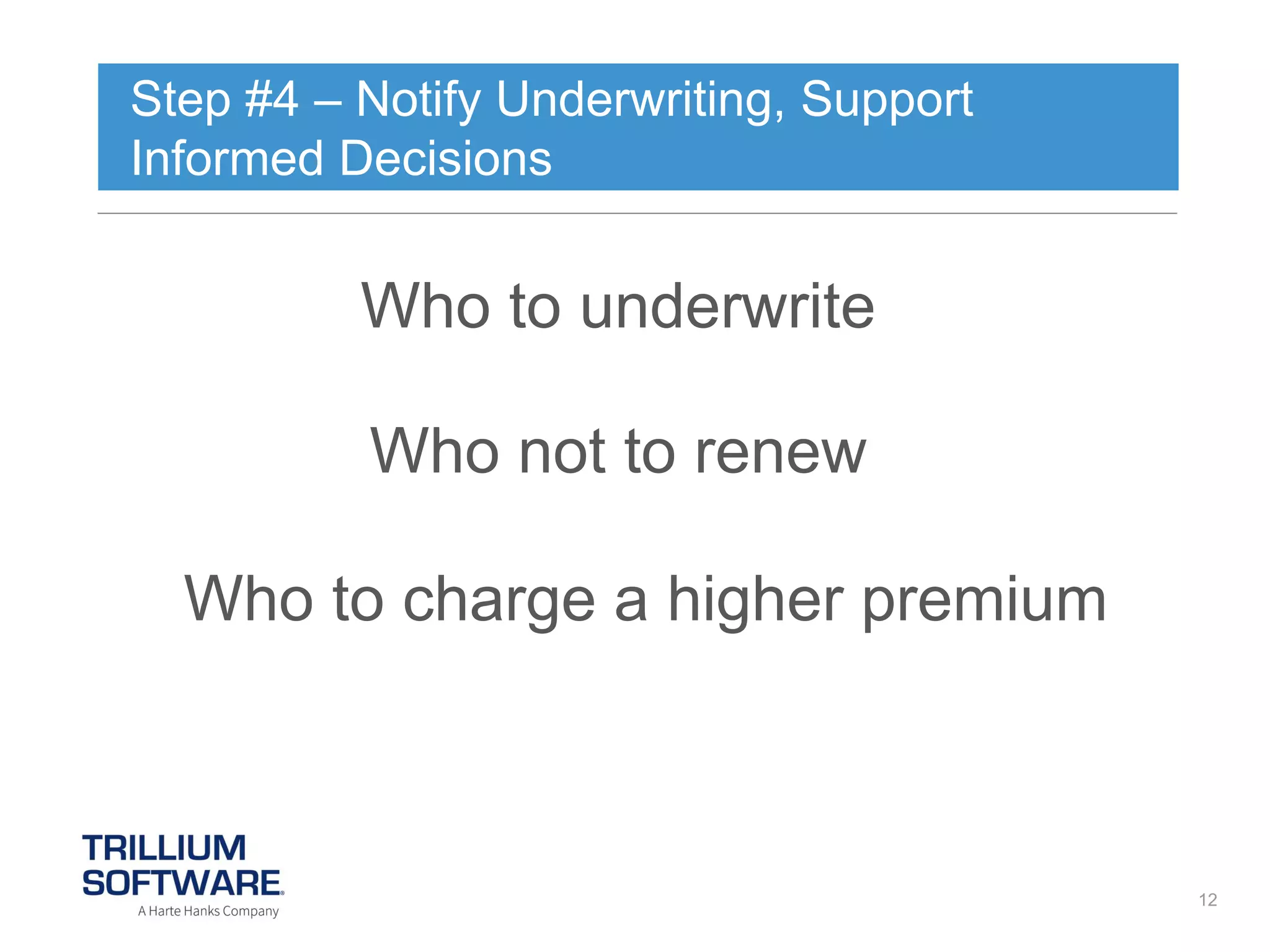 Step #4 – Notify Underwriting, Support
Informed Decisions

Who to underwrite
Who not to renew
Who to charge a higher premium

12

 
