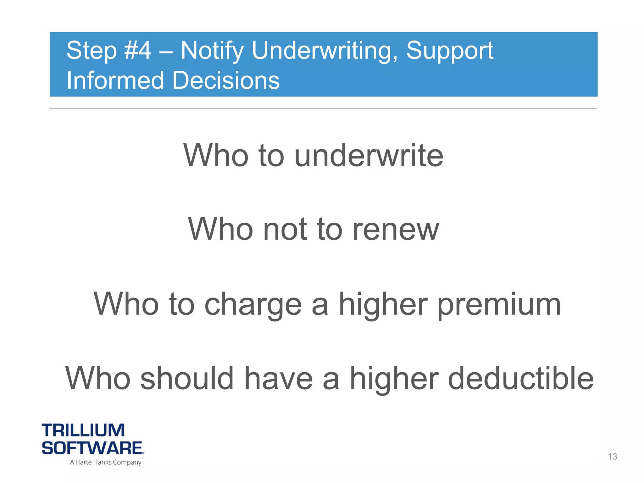 Step #4 – Notify Underwriting, Support
Informed Decisions

Who to underwrite
Who not to renew
Who to charge a higher premium

Who should have a higher deductible
13

 