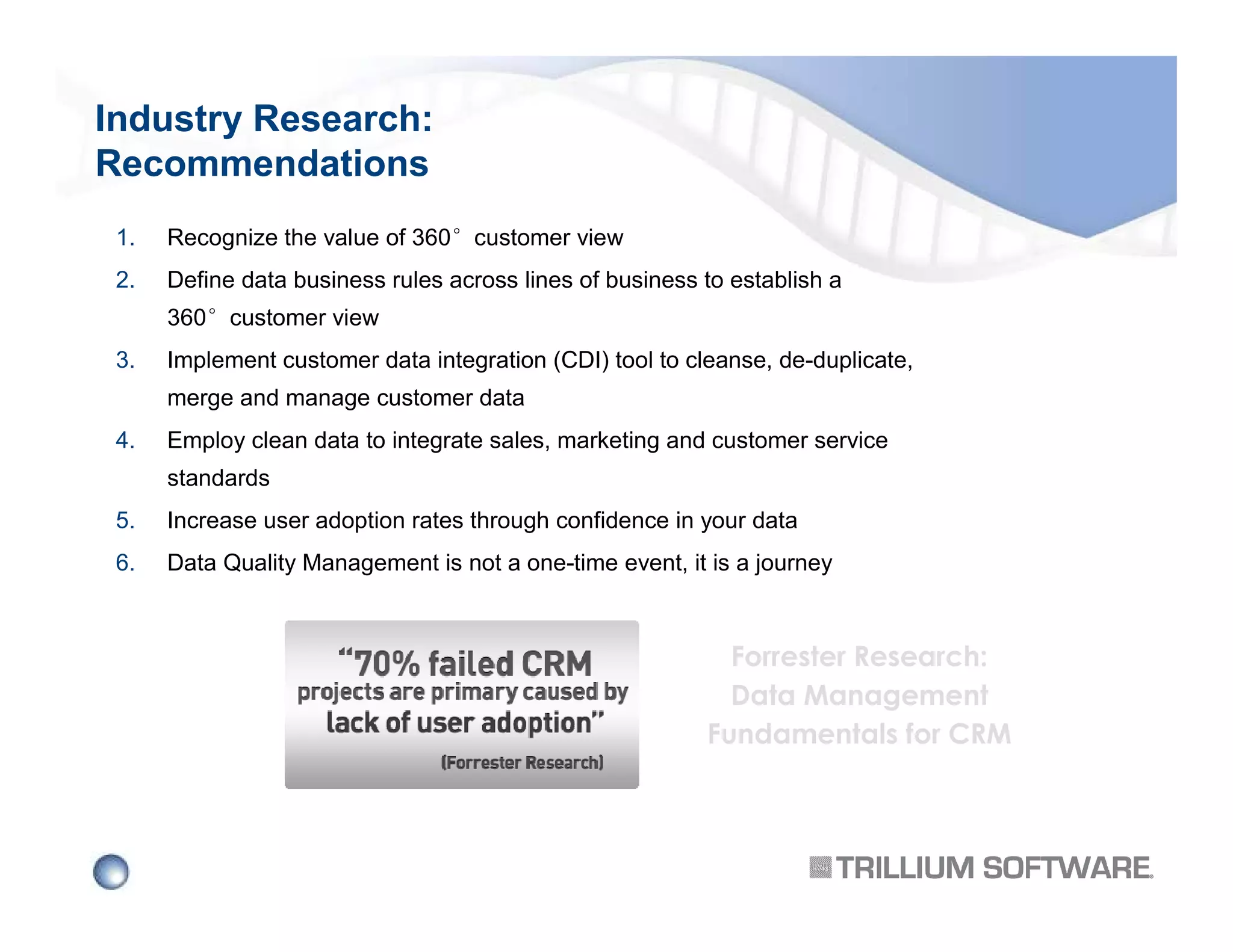Industry Research:
Recommendations
1.

Recognize the value of 360°customer view

2.

Define data business rules across lines of business to establish a
360°customer view

3.

Implement customer data integration (CDI) tool to cleanse, de-duplicate,
merge and manage customer data

4.

Employ clean data to integrate sales, marketing and customer service
standards

5.

Increase user adoption rates through confidence in your data

6.

Data Quality Management is not a one-time event, it is a journey

Forrester Research:
Data Management
Fundamentals for CRM

 