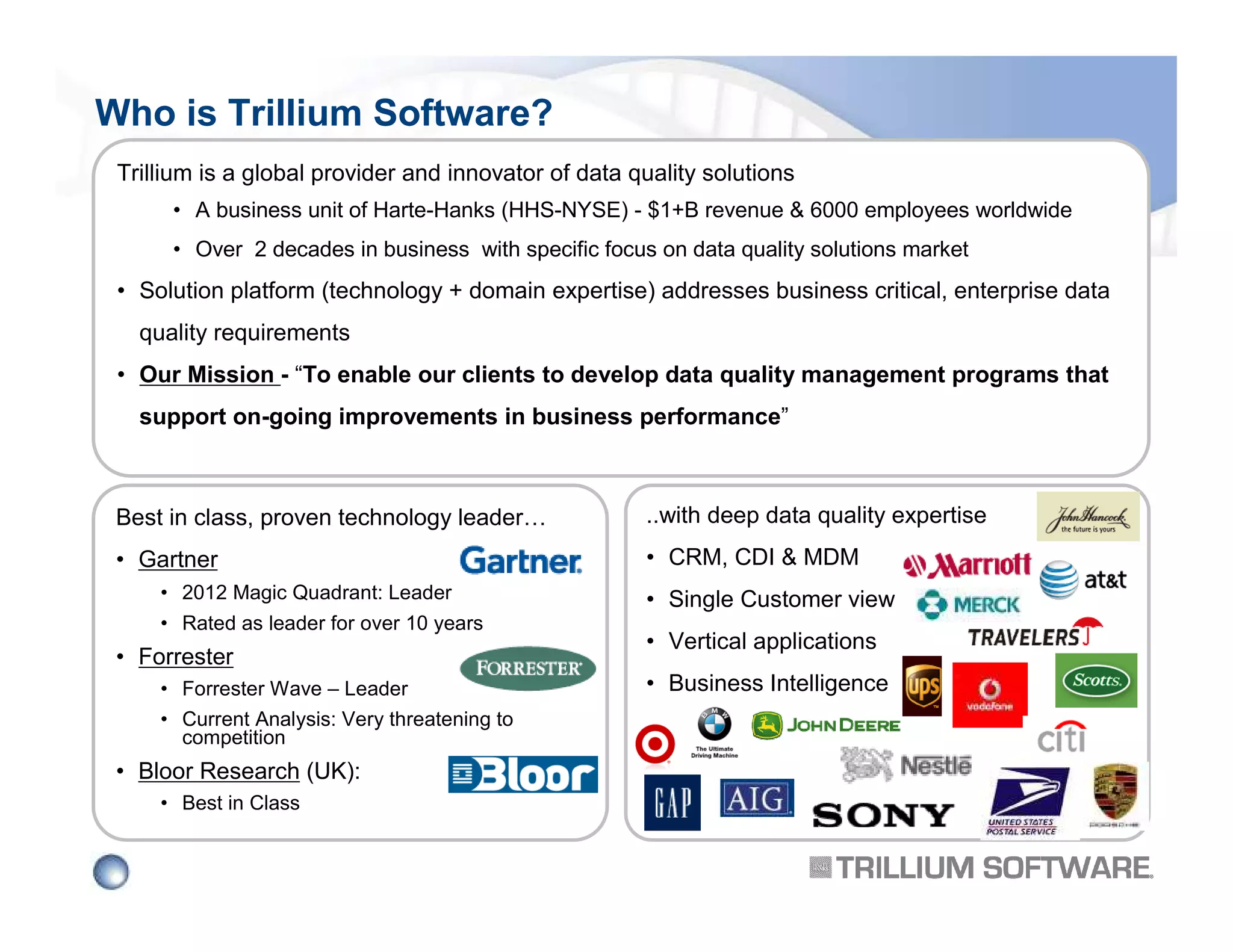 Who is Trillium Software?
Trillium is a global provider and innovator of data quality solutions
• A business unit of Harte-Hanks (HHS-NYSE) - $1+B revenue & 6000 employees worldwide
• Over 2 decades in business with specific focus on data quality solutions market

• Solution platform (technology + domain expertise) addresses business critical, enterprise data
quality requirements
• Our Mission - “To enable our clients to develop data quality management programs that
support on-going improvements in business performance”

Best in class, proven technology leader…

..with deep data quality expertise

• Gartner

• CRM, CDI & MDM

• 2012 Magic Quadrant: Leader
• Rated as leader for over 10 years

• Forrester
• Forrester Wave – Leader
• Current Analysis: Very threatening to
competition

• Bloor Research (UK):
• Best in Class

• Single Customer view
• Vertical applications
• Business Intelligence

 