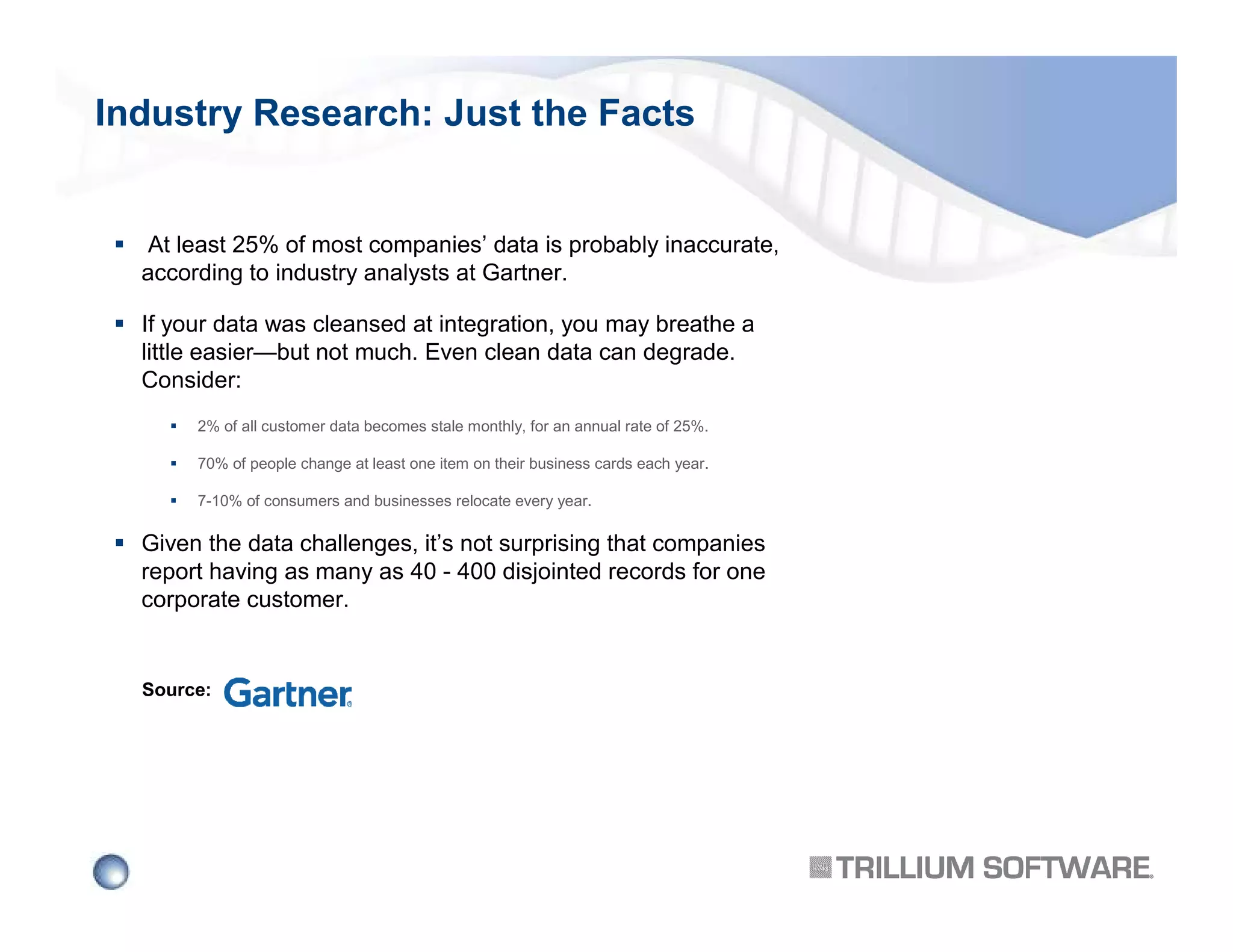Industry Research: Just the Facts

At least 25% of most companies’ data is probably inaccurate,
according to industry analysts at Gartner.
If your data was cleansed at integration, you may breathe a
little easier—but not much. Even clean data can degrade.
Consider:
2% of all customer data becomes stale monthly, for an annual rate of 25%.
70% of people change at least one item on their business cards each year.
7-10% of consumers and businesses relocate every year.

Given the data challenges, it’s not surprising that companies
report having as many as 40 - 400 disjointed records for one
corporate customer.

Source:

 
