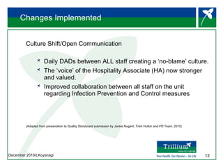 Changes Implemented Culture Shift/Open Communication Daily DADs between ALL staff creating a ‘no-blame’ culture. The ‘voice’ of the Hospitality Associate (HA) now stronger and valued.  Improved collaboration between all staff on the unit regarding Infection Prevention and Control measures  (Adapted from presentation to Quality Storyboard submission by Jackie Nugent, Trish Hutton and PD Team, 2010) 