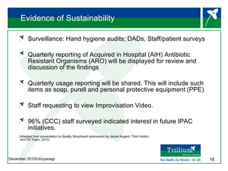 Evidence of Sustainability  Surveillance: Hand hygiene audits; DADs, Staff/patient surveys Quarterly reporting of Acquired in Hospital (AIH) Antibiotic Resistant Organisms (ARO) will be displayed for review and discussion of the findings Quarterly usage reporting will be shared. This will include such items as soap, purell and personal protective equipment (PPE) Staff requesting to view Improvisation Video. 96% (CCC) staff surveyed indicated interest in future IPAC initiatives. (Adapted from presentation to Quality Storyboard submission by Jackie Nugent, Trish Hutton and PD Team, 2010) 