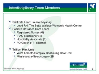 Interdisciplinary Team Members  Pilot Site Lead: Louise Koyanagi Lead RN, The Betty Wallace Women’s Health Centre Positive Deviance Core Team Registered Nurses (6) IPAC practitioner (1) Hospitality Associate (1) PD Coach (1) - external Trillium Pilot Units West Toronto-Complex Continuing Care Unit Mississauga-Neurosurgery 2B  