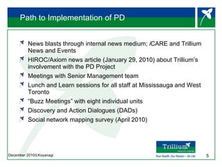 Path to Implementation of PD News blasts through internal news medium;  i CARE and Trillium News and Events HIROC/Axiom news article (January 29, 2010) about Trillium’s involvement with the PD Project Meetings with Senior Management team Lunch and Learn sessions for all staff at Mississauga and West Toronto “ Buzz Meetings” with eight individual units Discovery and Action Dialogues (DADs) Social network mapping survey (April 2010) 
