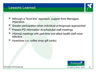 Lessons Learned Although a “front-line” approach, support from Managers imperative  Greater participation when individual units/groups approached Present PD information at scheduled staff meetings Informal meetings with part-time and allied health staff most effective Incentives (i.e. coffee shop gift cards) 