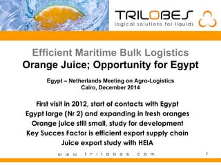 Efficient Maritime Bulk Logistics
Orange Juice; Opportunity for Egypt
Egypt – Netherlands Meeting on Agro-Logistics
Cairo, December 2014
First visit in 2012, start of contacts with Egypt
Egypt large (Nr 2) and expanding in fresh oranges
Orange juice still small, study for development
Key Succes Factor is efficient export supply chain
Juice export study with HEIA
1
 