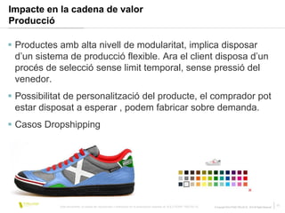 Impacte en la cadena de valor
Producció

 Productes amb alta nivell de modularitat, implica disposar
  d’un sistema de producció flexible. Ara el client disposa d’un
  procés de selecció sense limit temporal, sense pressió del
  venedor.
 Possibilitat de personalització del producte, el comprador pot
  estar disposat a esperar , podem fabricar sobre demanda.
 Casos Dropshipping




            Este documento no puede ser reproducido o distribuido sin la autorización expresa de SOLUTIONS TRILOGI SL.   © Copyright SOLUTIONS TRILOGI SL 2010 All Rights Reserved
                                                                                                                                                                                     11
 