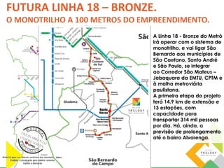 FUTURA LINHA 18 – BRONZE. 
O MONOTRILHO A 100 METROS DO EMPREENDIMENTO. 
A Linha 18 - Bronze do Metrô 
irá operar com o sistema de 
monotrilho, e vai ligar São 
Bernardo aos municípios de 
São Caetano, Santo André 
e São Paulo, se integrar 
ao Corredor São Mateus – 
Jabaquara da EMTU, CPTM e 
à malha metroviária 
paulistana. 
A primeira etapa do projeto 
terá 14,9 km de extensão e 
13 estações, com 
capacidade para 
transportar 314 mil pessoas 
por dia. Há, ainda, a 
previsão de prolongamento 
até o bairro Alvarenga. 
Goiás 
Estrada das 
Lágrimas 
Carioca 
Espaço 
Cerâmica 
Rudge Ramos 
Bronze 
Instituto Mauá 
Fundação 
Sto André 
Afonsina 
Senador 
Vergueiro 
Baeta 
Neves 
Estrada dos 
Alvarenga Capitão 
Casa 
Winston 
Churchill 
Café Filho 
Ferrazópolis 
Praça Lauro Gomes 
São Bernardo 
Paço Municipal Do Campo 
Djalma Dutra 
Parque 
Dos Meninos 
 