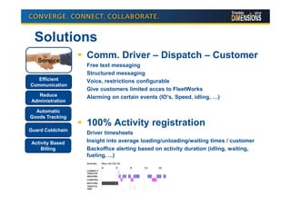 Solutions
   Service
                  Comm. Driver – Dispatch – Customer
                  Free text messaging
                  Structured messaging
   Efficient      Voice, restrictions configurable
Communication
                  Give customers limited acces to FleetWorks
   Reduce         Alarming on certain events (IO’s, Speed, idling, …)
 Administration

  Automatic
Goods Tracking
                  100% Activity registration
Guard Coldchain
                  Driver timesheets
 Activity Based   Insight into average loading/unloading/waiting times / customer
     Billing      Backoffice alerting based on activity duration (idling, waiting,
                  fueling, ...)
 