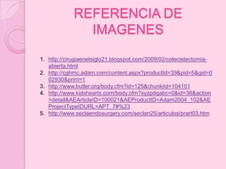 REFERENCIA DE
              IMAGENES

1. http://cirugiaenelsiglo21.blogspot.com/2009/02/colecistectomia-
   abierta.html
2. http://cghmc.adam.com/content.aspx?productId=39&pid=5&gid=0
   02930&print=1
3. http://www.butler.org/body.cfm?id=125&chunkiid=104101
4. http://www.kidshearts.com/body.cfm?xyzpdqabc=0&id=38&action
   =detail&AEArticleID=100021&AEProductID=Adam2004_102&AE
   ProjectTypeIDURL=APT_7#%23
5. http://www.seclaendosurgery.com/seclan25/articulos/prart03.htm
 