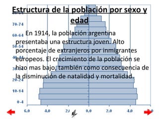 Estructura de la población por sexo y edad En 1914, la población argentina presentaba una estructura joven. Alto porcentaje de extranjeros por inmigrantes europeos. El crecimiento de la población se hizo mas bajo, también como consecuencia de la disminución de natalidad y mortalidad. 