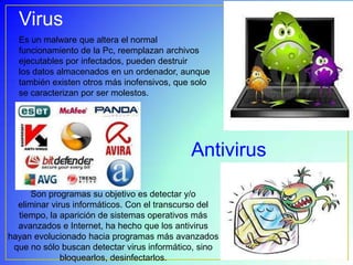 Virus
  Es un malware que altera el normal
  funcionamiento de la Pc, reemplazan archivos
  ejecutables por infectados, pueden destruir
  los datos almacenados en un ordenador, aunque
  también existen otros más inofensivos, que solo
  se caracterizan por ser molestos.




                                             Antivirus

      Son programas su objetivo es detectar y/o
  eliminar virus informáticos. Con el transcurso del
  tiempo, la aparición de sistemas operativos más
  avanzados e Internet, ha hecho que los antivirus
hayan evolucionado hacia programas más avanzados
 que no sólo buscan detectar virus informático, sino
              bloquearlos, desinfectarlos.
 