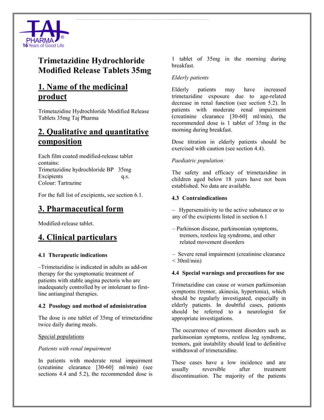 Trimetazidine HCl MR Tablets Taj Pharma SmPC | PDF