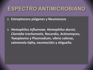  Estreptococo piógenes y Neumococo 
 Hemophilus influenzae, Hemophilus ducrei, 
Clamidia trachomatis, Nocardia, Actinomyces, 
Toxoplasma y Plasmodium, vibrio colerae, 
salmonela tiphy, neumocistis y shiguella. 
 