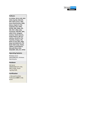 Software
C#, VB.Net, VB 6.0, ASP, MVC
5/4/3, Asp.Net, Web API,
WCF, Web services, AWS,
Azure Cloud Services, SOAP,
jQuery, Angular JS, CSS,
JavaScript, JSon, HTML,
DHTML, XML, XAML, XSL,
XSD, XSLT, LINQ, Entity
framework, ADO.NET, WPF,
AJAX, N-Tier, Infragistic
Controls, Telerik Controls,
Design Patterns, MS core
Libraries, IIS 6.0/7.0, TFS,
TeamCity, Octopus, VSS,
NUnit, Fx Cop, SDLC, Agile,
Water fall, Build & Fix, TFS
Build, Build scripts, NuGet,
Tableau, Crystal Reports,
Microsoft Share Point
2010/2007, WSS, HL7, HIPAA
Operating Systems
Windows server
2003/2008/2012. Windows
Operating Sys.
Database
SQL Server
2000/05/08/12/14, SSIS,
SSRS, PL/SQL, Oracle
11g/10g /9i/8i.
Certification
1. Microsoft Certified
Professional (MCP) in SQL
Server.
 