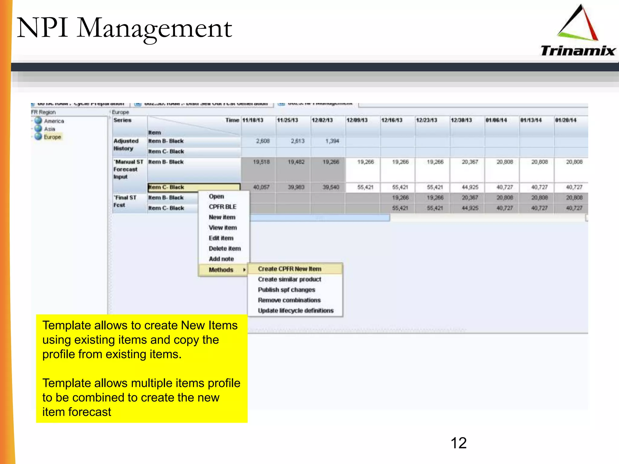 NPI Management
12
Template allows to create New Items
using existing items and copy the
profile from existing items.
Template allows multiple items profile
to be combined to create the new
item forecast
 