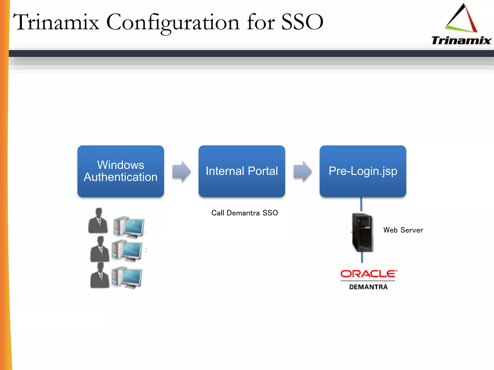 Trinamix Configuration for SSO
Windows
Authentication
Internal Portal Pre-Login.jsp
Call Demantra SSO
Web Server
 