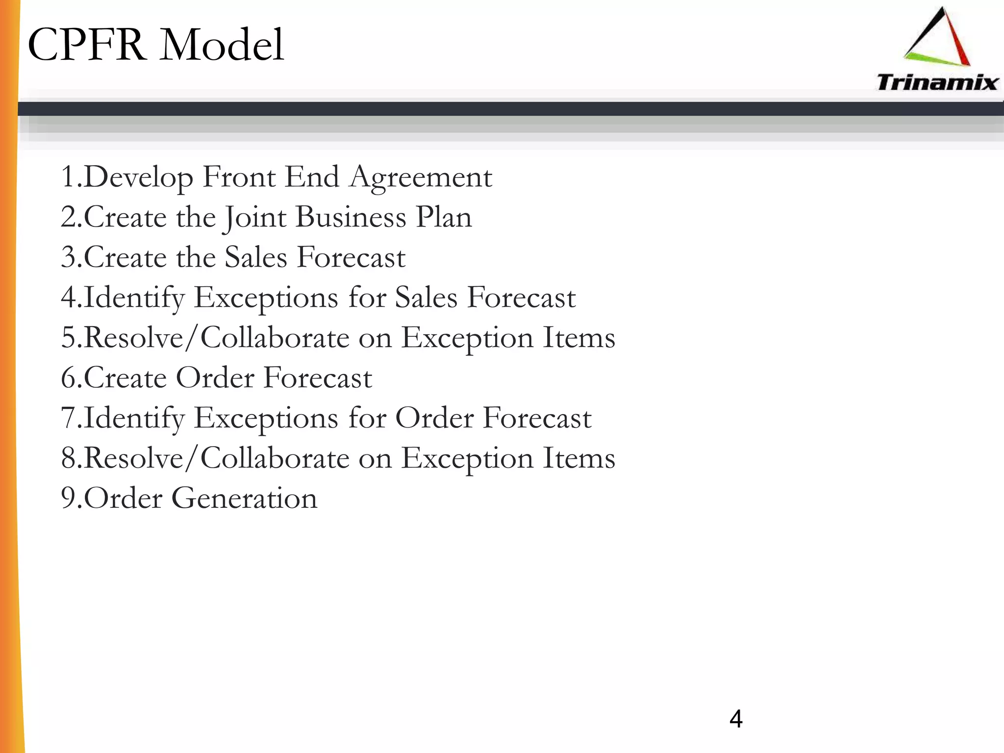 CPFR Model
4
1.Develop Front End Agreement
2.Create the Joint Business Plan
3.Create the Sales Forecast
4.Identify Exceptions for Sales Forecast
5.Resolve/Collaborate on Exception Items
6.Create Order Forecast
7.Identify Exceptions for Order Forecast
8.Resolve/Collaborate on Exception Items
9.Order Generation
 