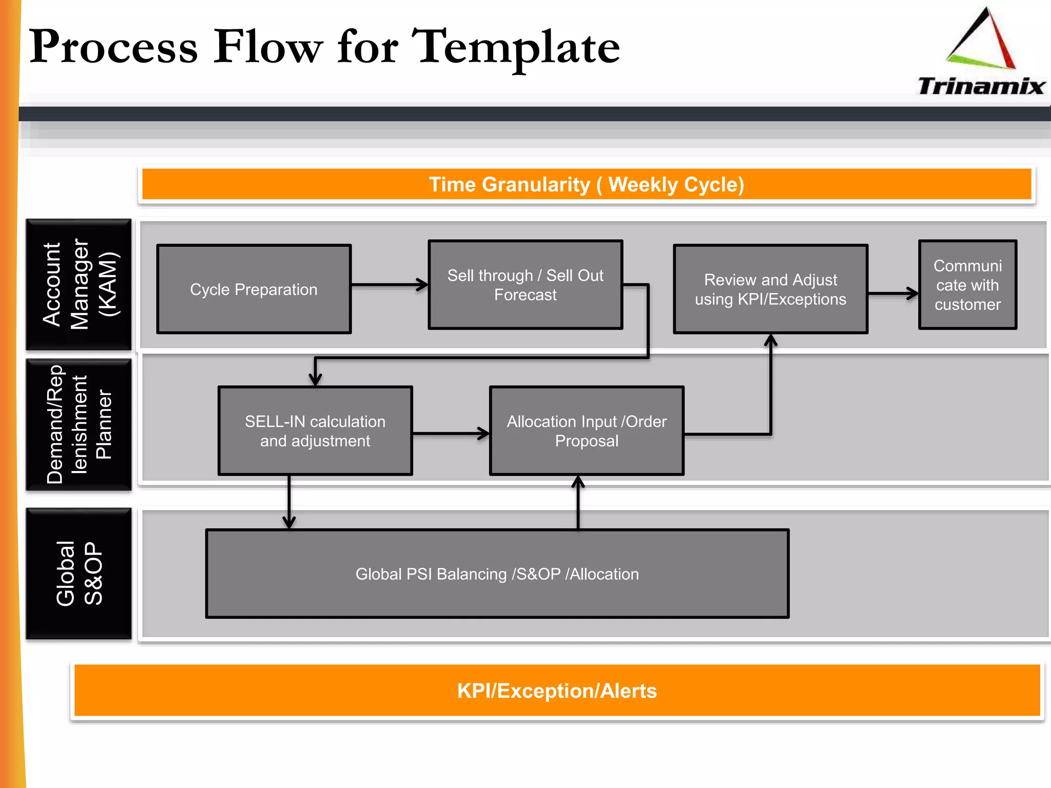 Process Flow for TemplateAccount
Manager
(KAM)
Time Granularity ( Weekly Cycle)
Demand/Rep
lenishment
Planner
Global
S&OP
Cycle Preparation
Sell through / Sell Out
Forecast
SELL-IN calculation
and adjustment
Global PSI Balancing /S&OP /Allocation
Allocation Input /Order
Proposal
Review and Adjust
using KPI/Exceptions
Communi
cate with
customer
KPI/Exception/Alerts
 