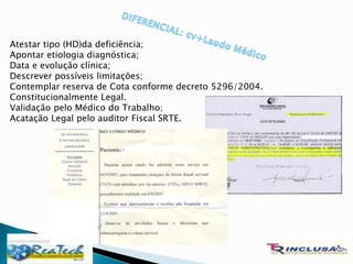 Atestar tipo (HD)da deficiência;
Apontar etiologia diagnóstica;
Data e evolução clínica;
Descrever possíveis limitações;
Contemplar reserva de Cota conforme decreto 5296/2004.
Constitucionalmente Legal.
Validação pelo Médico do Trabalho;
Acatação Legal pelo auditor Fiscal SRTE.
 