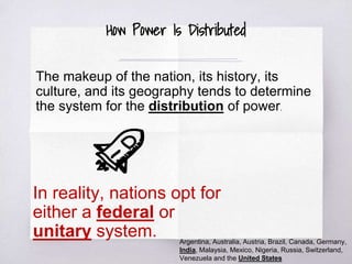 How Power Is Distributed
The makeup of the nation, its history, its
culture, and its geography tends to determine
the system for the distribution of power.
In reality, nations opt for
either a federal or
unitary system. Argentina, Australia, Austria, Brazil, Canada, Germany,
India, Malaysia, Mexico, Nigeria, Russia, Switzerland,
Venezuela and the United States
 