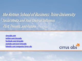 the Ketner School of Business: Trine University
Social Media and Your Circle of Influence,
Past, Present, and Future. // Kevin Mullett

  cirrusabs.com
  twitter.com/cirrusabs
  facebook.com/cirrusabs
  youtube.com/user/cirrusabs
  linkedin.com/companies/cirrus-abs
 